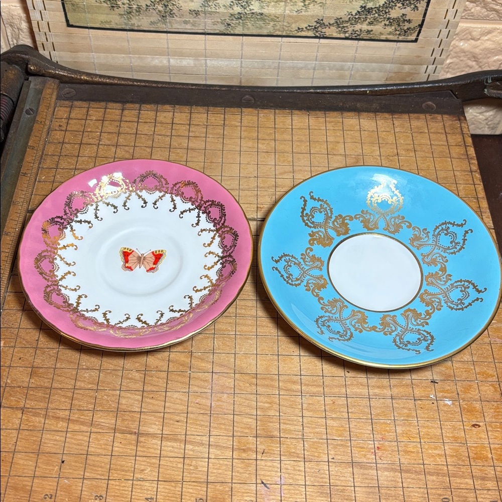 Pair Aynsley England Fine Bone China Saucers Turquoise, Pink/Butterfly, Gold Trm